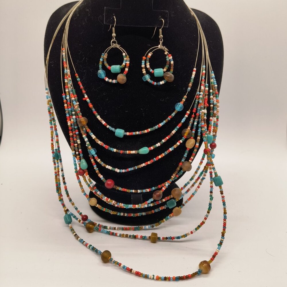 Vintage Multicolor 10 Wire Strand Beaded Necklace with 2 Strand Beaded Earrings